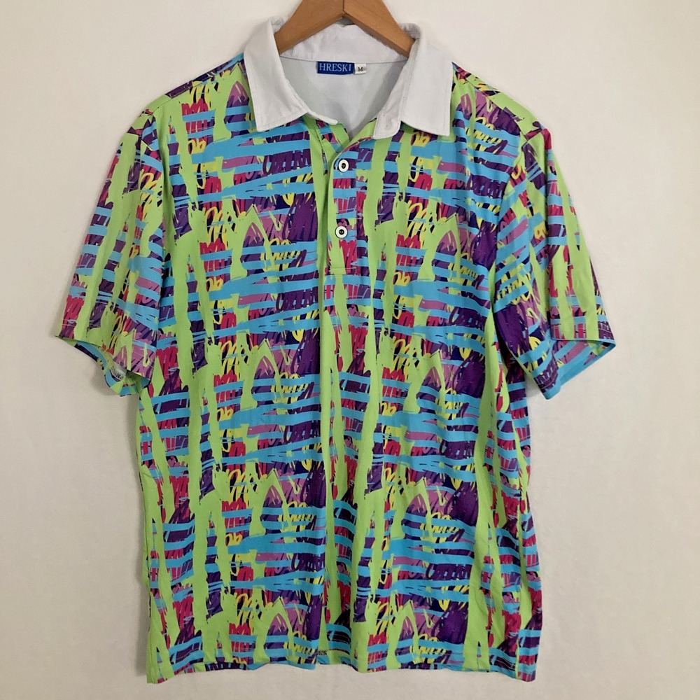 Hreski Polo Shirt Mens M Performance Henley Art‎ Abstract Colorful Striped Golf